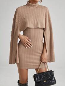 SHEIN Privé Women's High Collar Batwing Sleeve Top And Dress Set