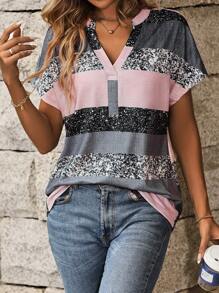 SHEIN LUNE Women's Contrast Color Notch Collar Batwing Sleeve T-shirt - Multicolor - View 5