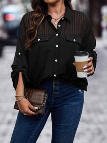 Calvaya 大碼網紗拼接捲邊袖翻蓋細節襯衫 - 黑色 - 查看 1