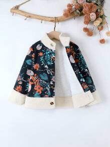 SHEIN Toddler Girls' Floral Print Jacket For Autumn And Winter - Navy Blue - View 1