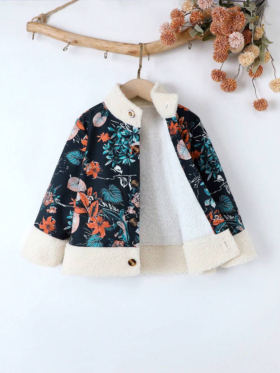 SHEIN Toddler Girls' Floral Print Jacket For Autumn And Winter - Navy Blue - View 1