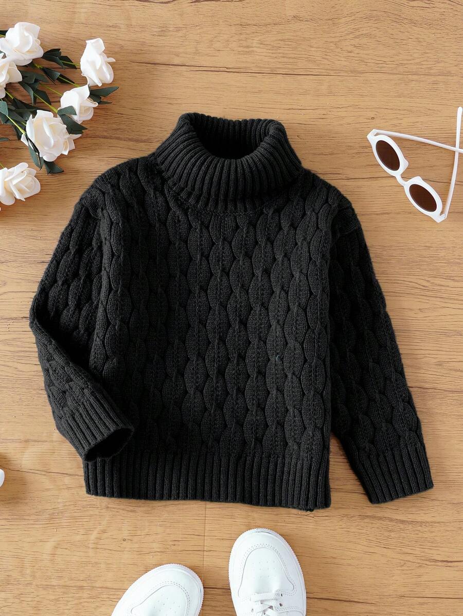 SHEIN Suéter De Cuello Alto De Color Sólido Para Niña - Negro - Ver 1