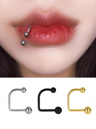 Grunge Punk 3pcs/set Stainless Steel D-shaped Lip Ring/monroe Stud With Small & Large Ball Ends Piercing Jewelry For Men & Women