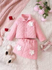 Baby Girl Padded Coat With Skirt Set For Fall And Winter - Pink - View 1
