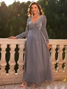 Joyfunear 亮片装饰 V 领长袖孕妇优雅连衣裙，适合派对