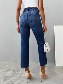 EURMUSE 純色休閒直筒牛仔褲 - 藍色 - 查看 2