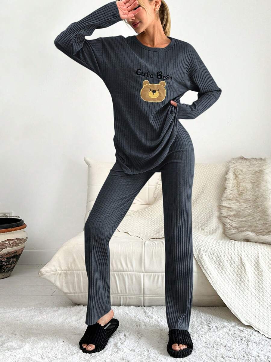 RueChic Bộ đồ mặc nhà thêu sọc hình gấu hoạt hình dành cho nữ - Màu xám đen - Xem 1