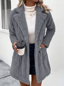 SHEIN LUNE 女平駁領雙排扣大衣 - 深灰色 - 查看 5