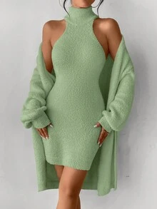 SHEIN Privé Của phụ nữ Màu thuần Áo cao cổ Thời trang Áo len - Màu xanh Bạc hà - Xem 4