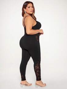 SHEIN SXY Monos Con Tiras De Encaje Y Plisado En El Pecho Para Mujeres De Talla Grande - Negro - Ver 2