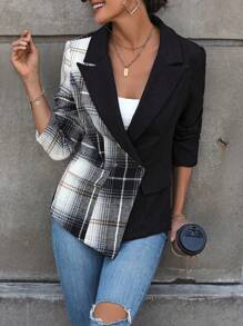 SHEIN Clasi 格紋印花撞色雙排釦不對稱下擺西裝外套 - 彩色 - 查看 5