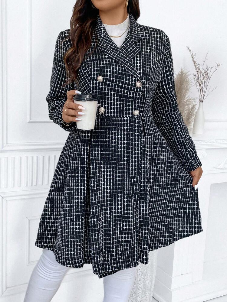 Women's Plus Size Plaid Peak Lapel Double Breasted Woolen Coat Fall Cloth For Women