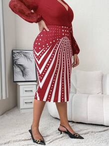 SHEIN Clasi Plus Size Polka Dot & Striped Print Bodycon Skirt - Red and White - View 4