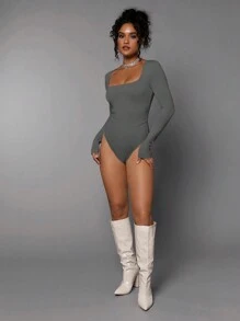 Silquee Ladies' Solid Color Slim Fit Bodysuit With Square Neckline - Dark Grey - View 7
