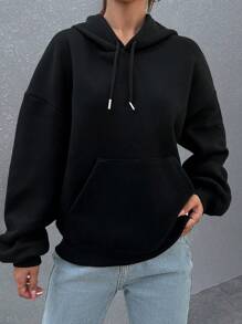 SHEIN PETITE Butterfly & Slogan Graphic Drop Shoulder Hoodie - Black - View 4