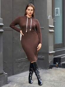 SHEIN Essnce Talla grande Vestido sudadera con capucha tejido de canalé con cordón - Café integral - Ver 5