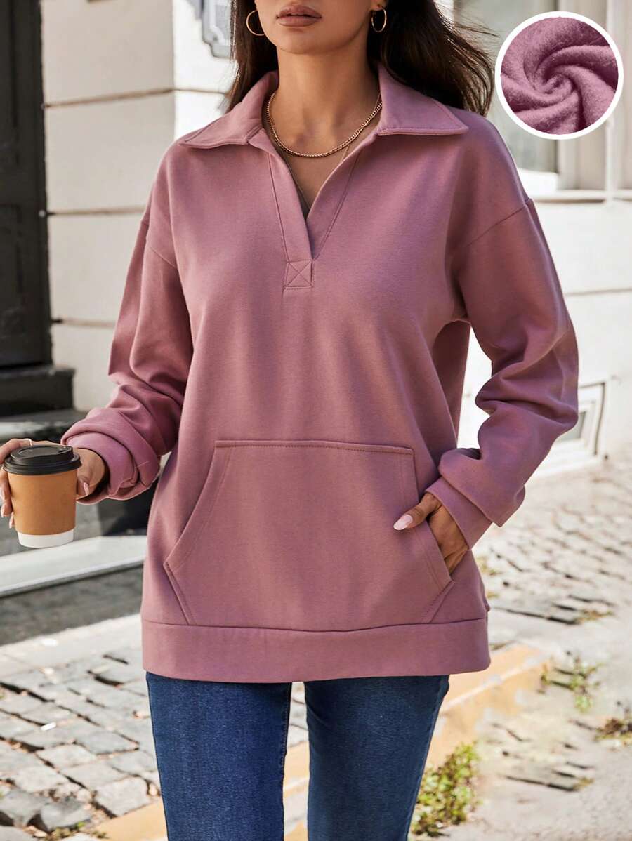 EURMUSE Kangaroo Pocket Drop Shoulder Sweatshirt - Pink - View 1