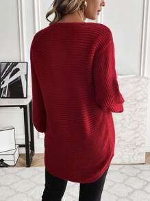 SHEIN LUNE 女士绞花针织套头毛衣，交叉领针织套头衫，秋冬毛衣 - 酒紅色 - 查看 2