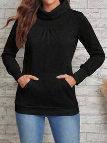 EMERY ROSE Women's High Neck Solid Color Sweatshirt With Pleats - Black - View 4