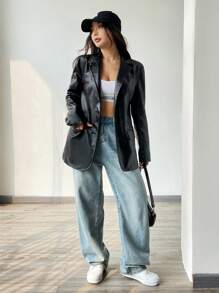 SHEIN EZwear Cổ áo tây Da giả Áo vest Áo khoác - màu đen - Xem 5