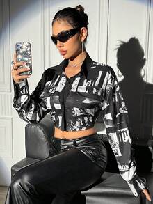 SHEIN Unity Của phụ nữ Mẫu In Trang phục làm việc Áo sơ mi Với Túi - Đen và trắng - Xem 5