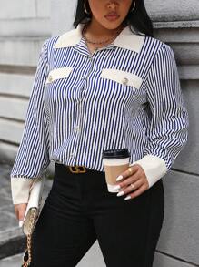 SHEIN Unity Women's Plus Size Striped Color Block Turn Down Collar Shirt - Multicolor - View 7