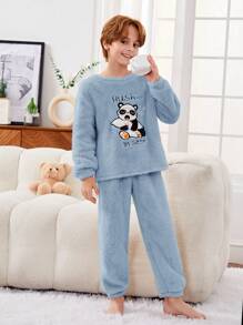 SHEIN Con trai Gấu trúc & Thư thêu Đồ ngủ Mặc Bộ Có Áo Và Quần - Màu xanh lam - Xem 1