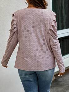 SHEIN CURVE+ Plus Eyelet Embroidery Gigot Sleeve Tee - Pink - View 2