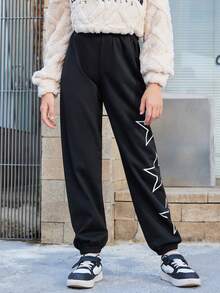 SHEIN Cô gái Tween Phong cách đường phố Dệt kim In Quần thể thao , Thể thao Và Giải trí - màu đen - Xem 3