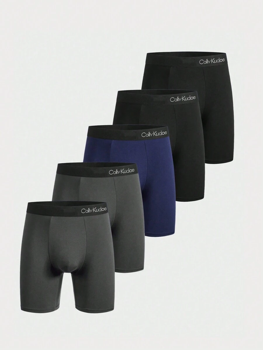 5pcs/Set Men's Plain Letter Decor Boxer Briefs With Long Leg