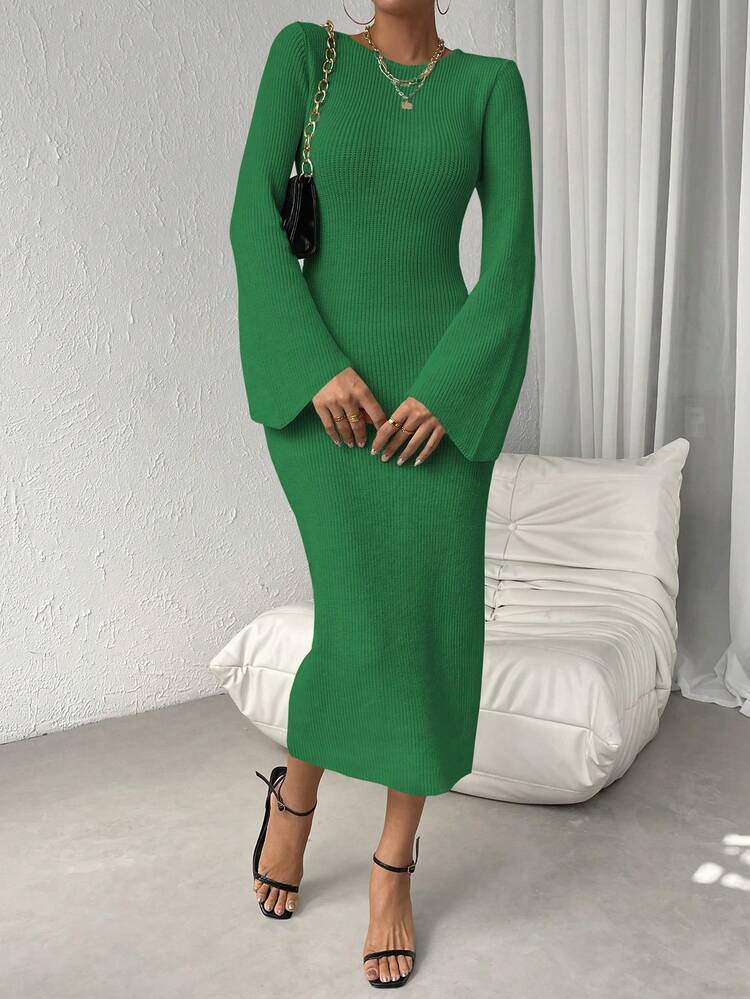 Slim Fit Flare Sleeve Sweater Dress Fall Cloth For Women