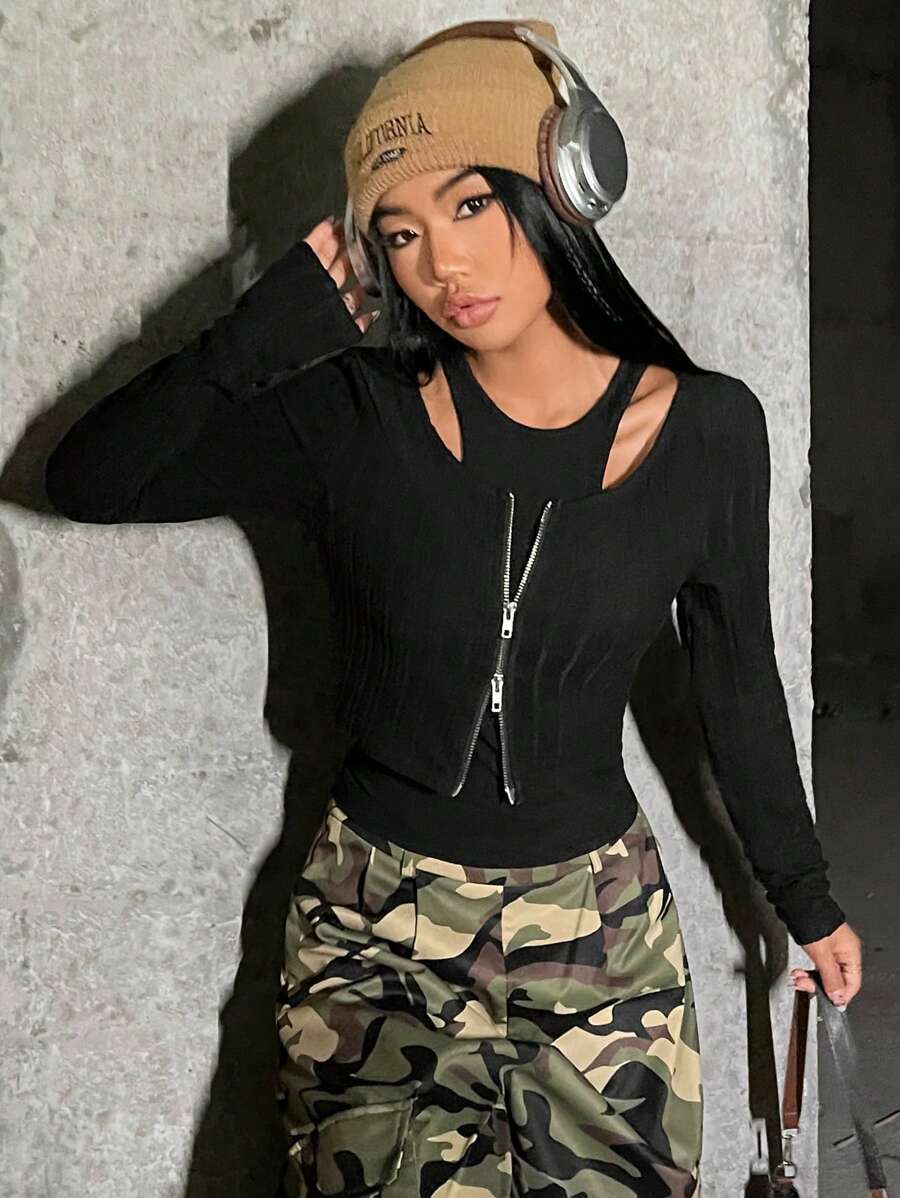 Muchica Cắt ra Dây kéo Áo thun - màu đen - Xem 1