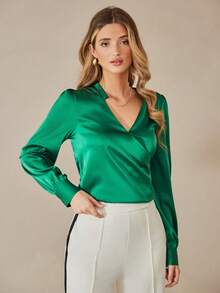 SHEIN Essnce 純色凹口領襯衫 - 綠色 - 查看 6