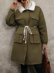 SHEIN LUNE Women's Drawstring Waist Long Padded Padded Coat Clothes Winter With Collar Fall Cloth For Women - Army Green - View 6
