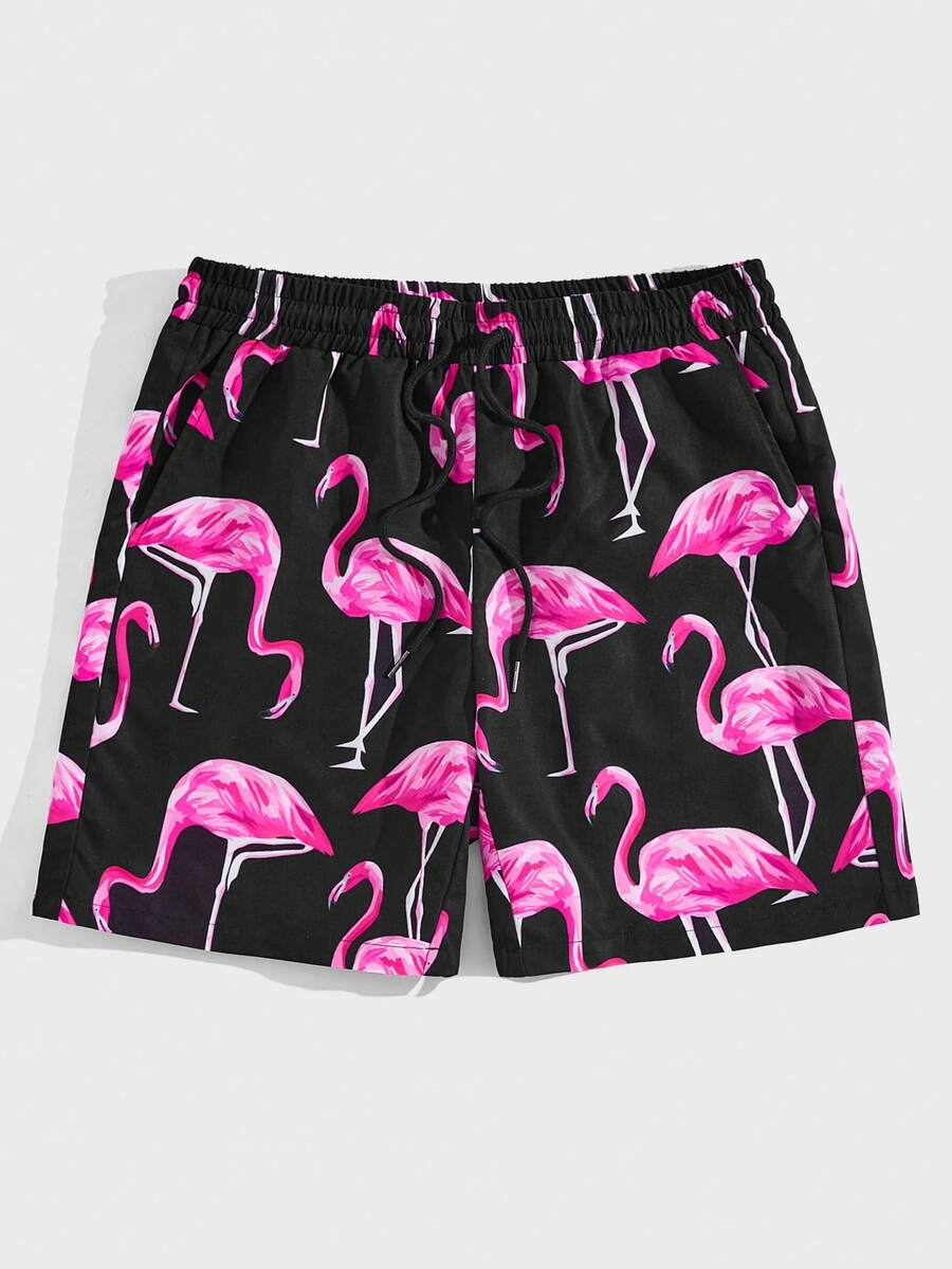 GENTILAND Men's Flamingo Print Drawstring Waist Shorts - Multicolor - View 1