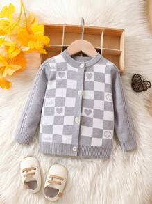 嬰兒男童格子心形圖案前鈕釦針織衫 - 灰色 - 查看 1