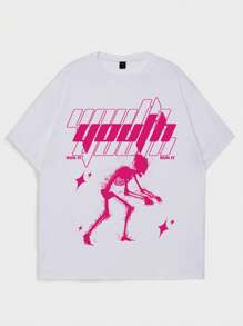 ROMWE MEN Street Life Men's Letter & Skull Print Short Sleeve T-Shirt, School - White - View 1