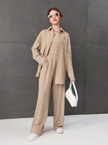 SHEIN Leap Crew Cô gái Dệt Màu thuần Bong bóng Nếp gấp Áo sơ mi , Áo vest Và Quần Bộ - Màu be - Xem 1
