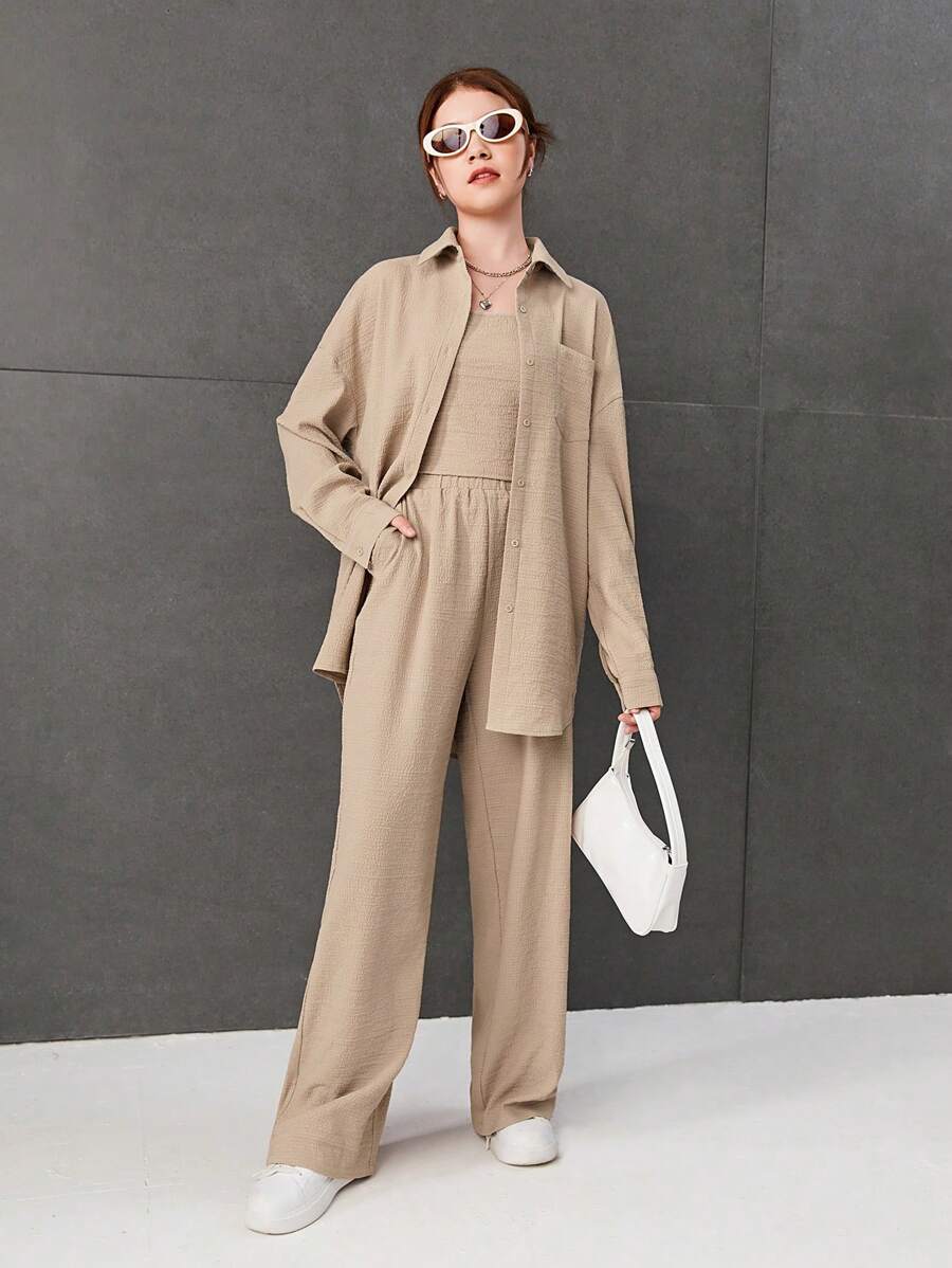SHEIN Leap Crew Cô gái Dệt Màu thuần Bong bóng Nếp gấp Áo sơ mi , Áo vest Và Quần Bộ - Màu be - Xem 1