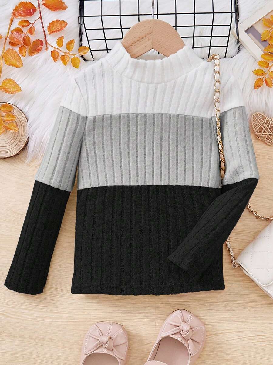 SHEIN Cô gái Đúng mốt Trang phục trên phố Vòng cổ Chặn màu Tay áo dài Áo thun - Xám - Xem 1