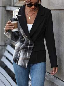 SHEIN Clasi 格紋印花撞色雙排釦不對稱下擺西裝外套 - 彩色 - 查看 6