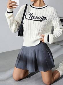 SHEIN Qutie Women's Round Neckline Cable Knitted Sweater With Drop Shoulder, Letter Embroidery - Beige - View 1