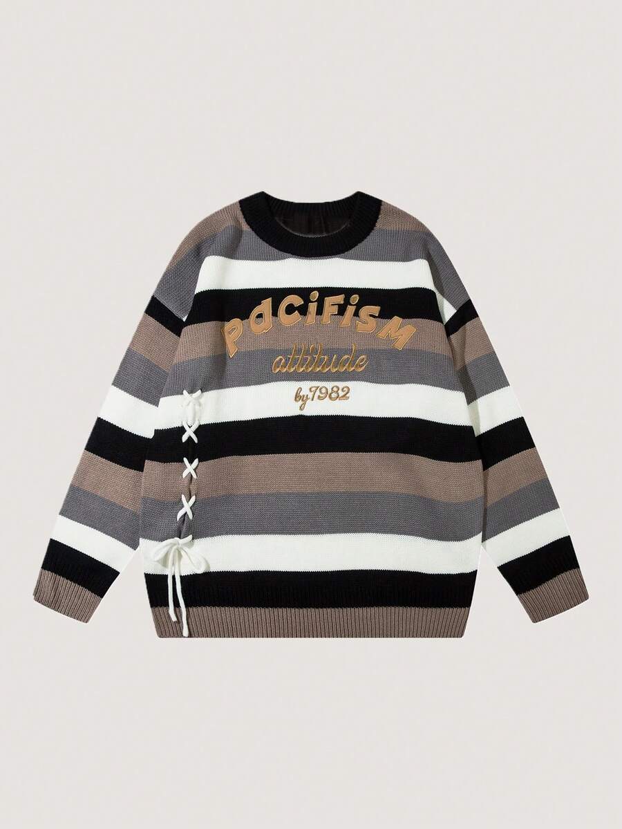 ANDREILEE Men's Striped Letter Embroidery Drawstring Sweater - Black - View 1
