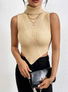 SHEIN Essnce 純色高領不對稱下擺針織上衣 - 杏色 - 查看 1