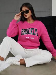SHEIN PETITE Letter Graphic Drop Shoulder Sweatshirt - Hot Pink - View 4