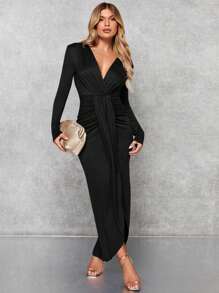 SHEIN BAE 女士純色裙褶裙 - 黑色 - 查看 3