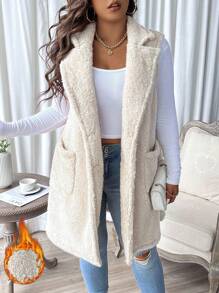 SHEIN LUNE Plus Lapel Neck Dual Pocket Teddy Vest Coat - Beige - View 1