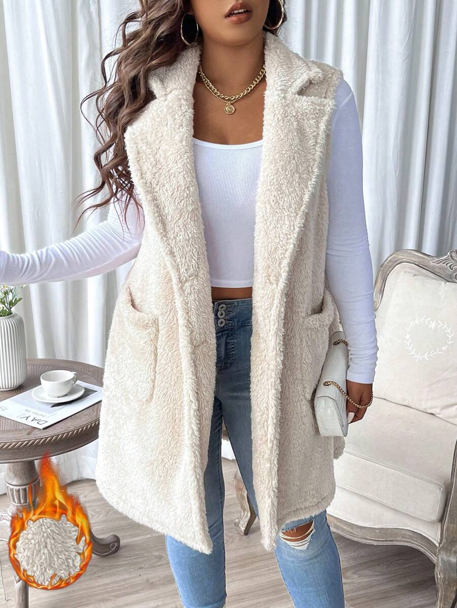 SHEIN LUNE Plus Lapel Neck Dual Pocket Teddy Vest Coat - Beige - View 1