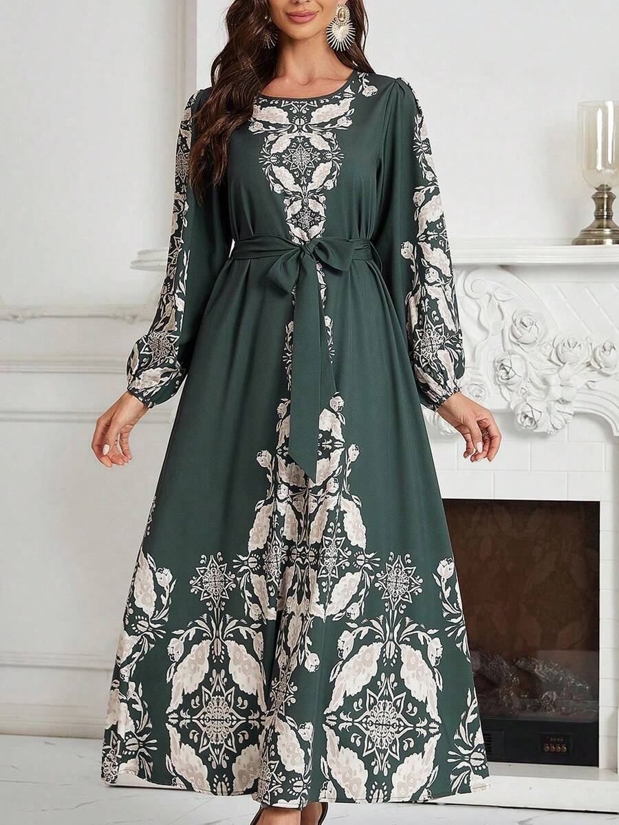 圆领长袖收腰花卉印花连衣裙 - 綠色 - 查看 1