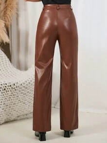 SHEIN Frenchy Women's Zipper Fly Straight Pants - Chocolate Brown - View 6